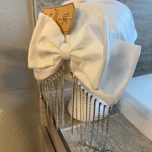 White Bride  Bow Hat with Silver Chain Fringe